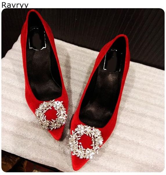 

dress shoes red flock women's high heel twinkling crystal decor female single shoe pointed toe party wedding slip-on lady outfit, Black