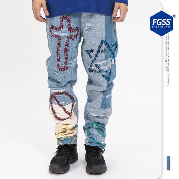 

men's jeans 2021 spring and autumn winter fashion brand graffiti stitching for men, Blue