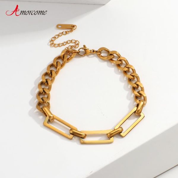 

charm bracelets amorcome trendy gold color stainless steel thick cuban chain rectangle for women adjustable minimalist jewelry, Golden;silver