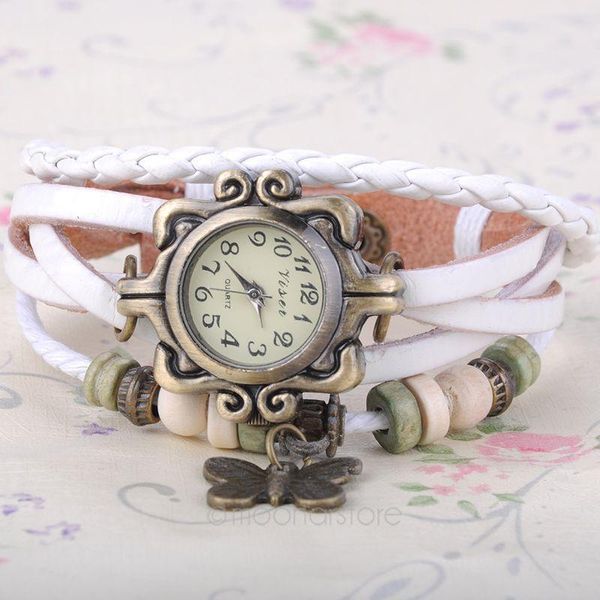 

wristwatches women vintage retro multi-layer braided pu leather beads butterfly bracelet watch quartz wrist, Slivery;brown