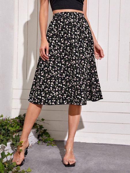 

ditsy floral print flare skirt x6cd#, Black