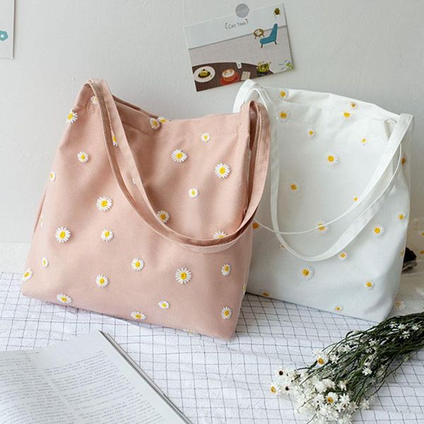 

storage bags women canvas shoulder daisy embossed design female floral handbags casual totes girls school books bag cotton shopping