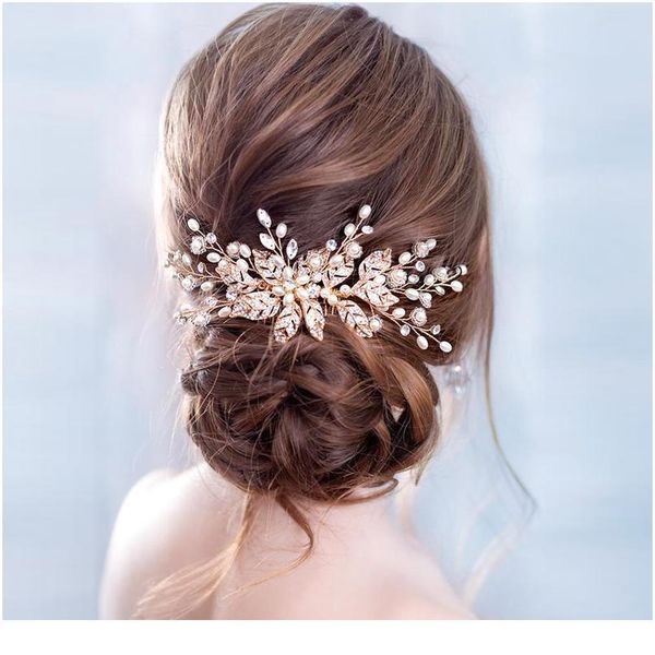 

trendy leaf pearl rose gold wedding hair combs tiara bridal headpiece women head decorative jewelry wedding hair acc qyljgc, Silver