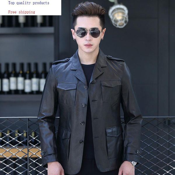 

men's leather & faux 2021 real goatskin coat spring autumn genuine jacket men blazer slim suit collar windbreaker d-178086, Black