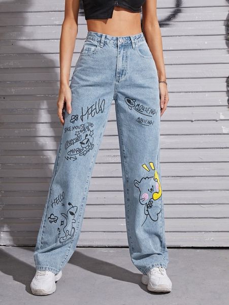 

high waist cartoon graphic straight leg jeans y1dg#, Blue