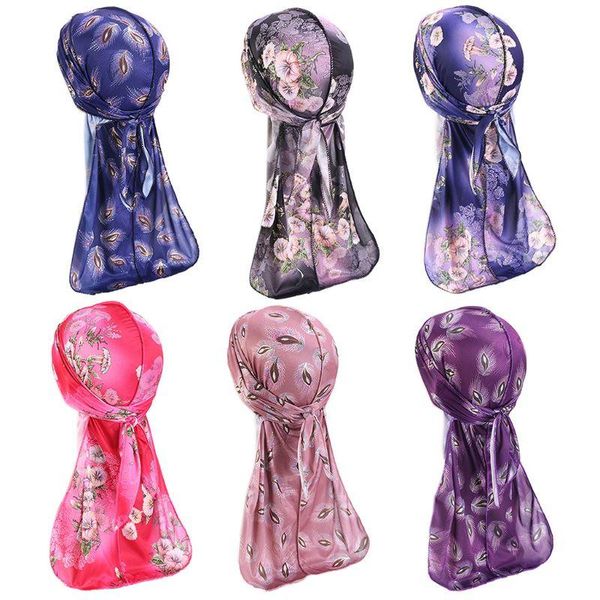 

2021 imitation silk durag pirate cap floral feahter print long tail turban hat