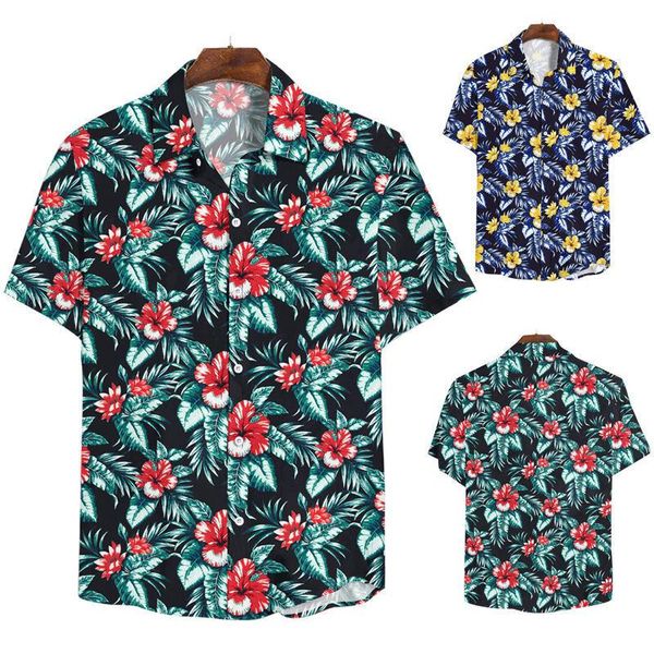 

men's casual shirts men short sleeve hawaiian shirt camisa masculina 2021 fashion floral mens beach hawaii holiday party clothes, White;black