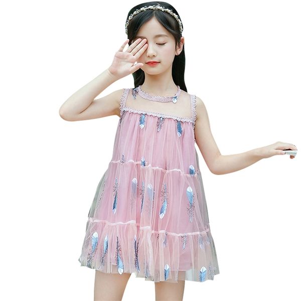 

summer dress girl sleeveless party for girls feathers kids teenage costumes 210527, Red;yellow