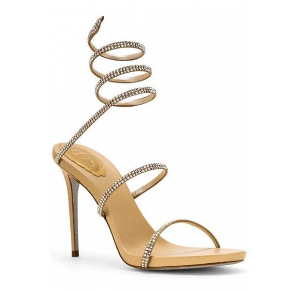 

2021 new designer womens high heels sandal stiletto roman snake-shaped snakelike wraparound lady rhinestone high heels shoe, Black