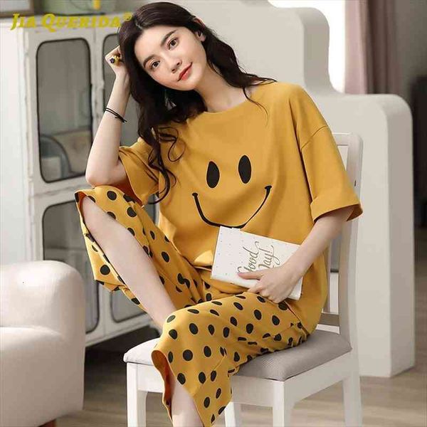 

short sleeve capris homesuit womens sleepwears homeclothes soft printing crew neck pajamas set pj woman preppy style pijamas, Black;red