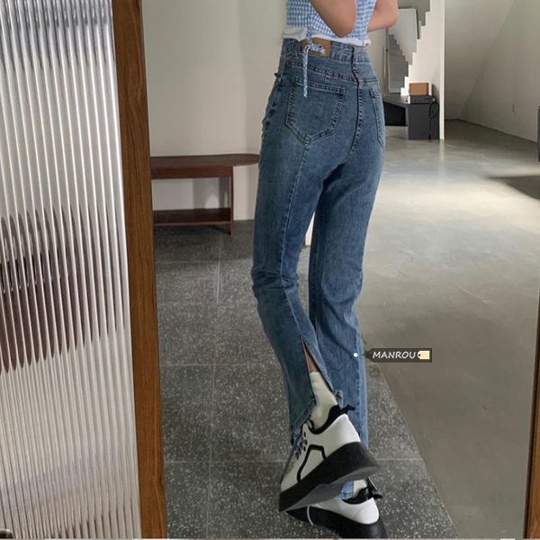 

women's jeans fashion trend girls back slit bootcut female high waist slim straight leg pants ins tide mopping bell bottom, Blue