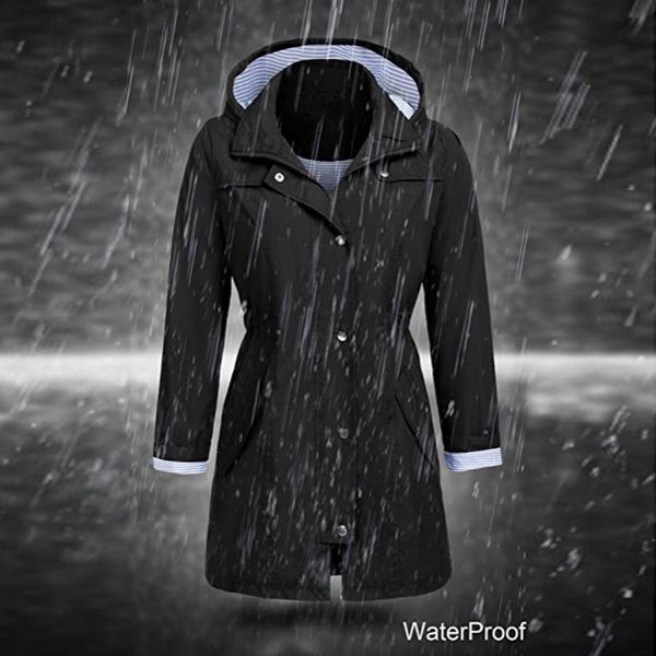 

women's jackets fashion solid rain jacket outdoor windproof hoodie waterproof hooded raincoat, Black;brown