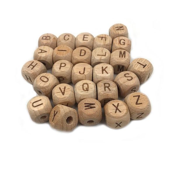 2021 12mm Holz Alphabet Perlen Buche Holz Würfel Buchstabe A bis Z Zahnen DIY Schmuck Alphabet Perlen Baby beißring