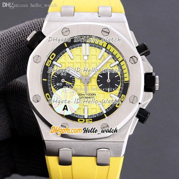 

jff new 26703 eta 7750 automatic chronogrpah mens watch satch yellow texture dial steel case yellow rubber sport watches hello_watch, Slivery;brown