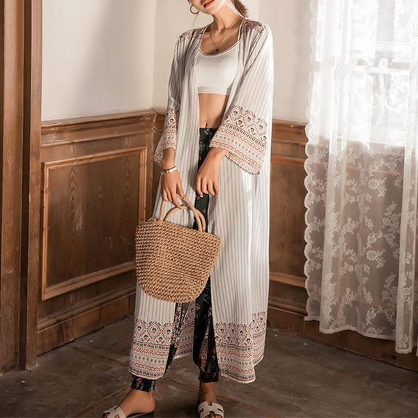 

women's blouses & shirts 2021 kimono cardigans feminina women clothing fashion chiffon summer tribal retro printed long ladies, White