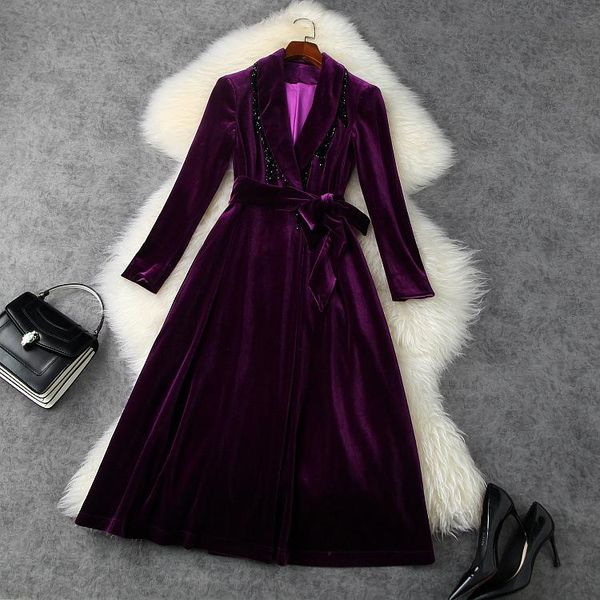 

women's wool & blends european and american wear 2021 winter style long sleeve lapel nail beads lace-up fashionable velvet jacket, Black