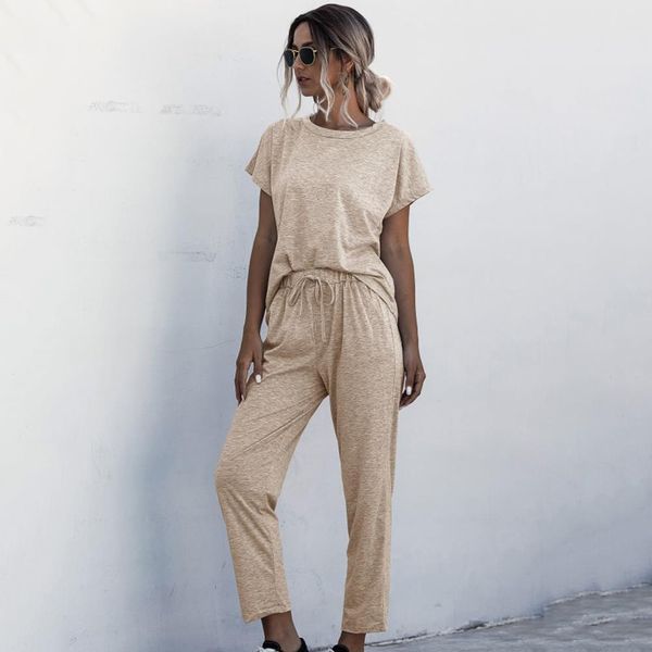 

2021 ale 2pcs women summer tracksuits set lounge wear short sleeve long pants sweat suits elastic waist casual solid, Gray