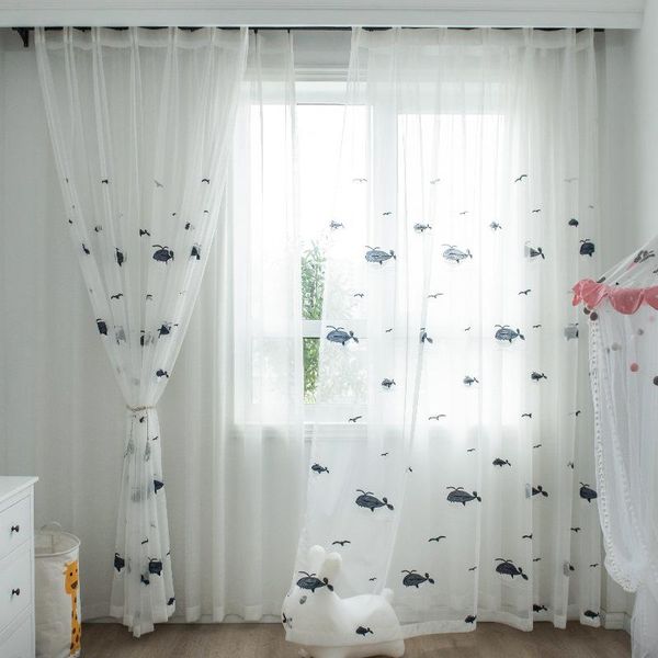 

blue cartoon whale embroidered sheer voile curtains for children's living room navy blue baby bedroom curtains tulle my522#3