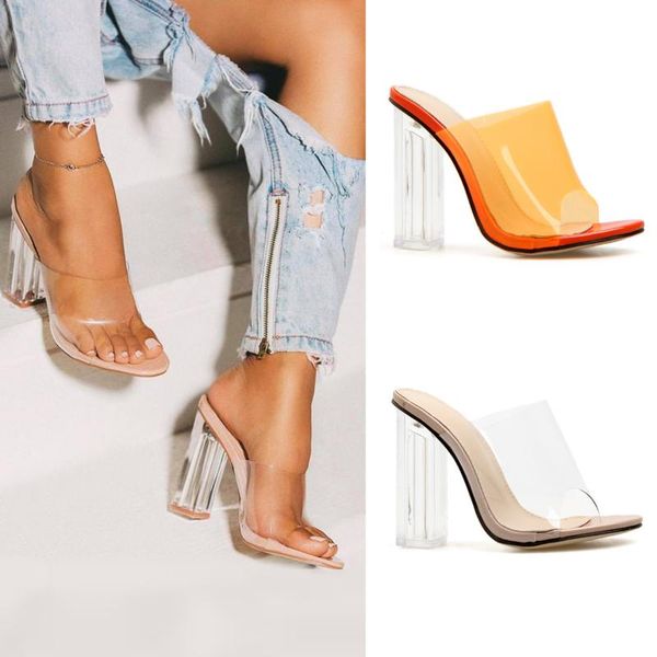 

sandals high-heeled apricot thick-heeled daily solid color fish mouth low-summer women's fashion transparent slippers 35-42, Black