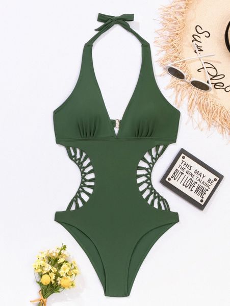 

cut-out waist halter one piece swimsuit e6ta#, White;black