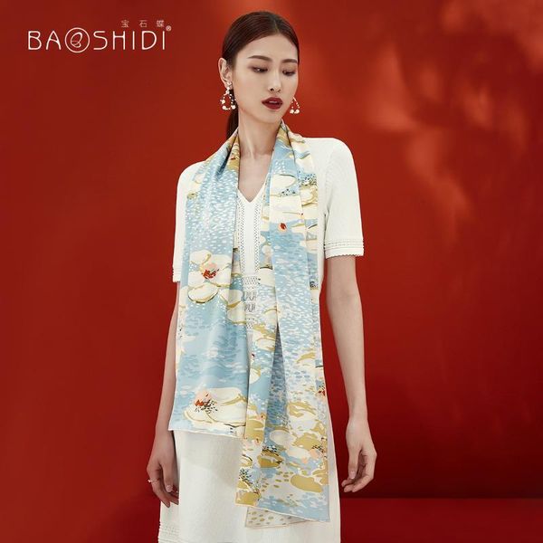 

butterfly brand silk scarf women's spring and autumn versatile mulberry silk thin long shawl scarf / monet garden, Blue;gray