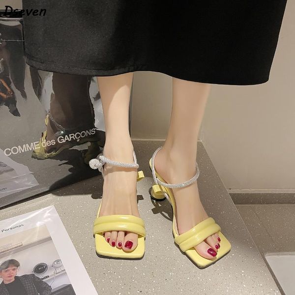 

sandals 2021 square toe high heeled women shoes female summer bright crystal one strap roman sandalias de mujer, Black