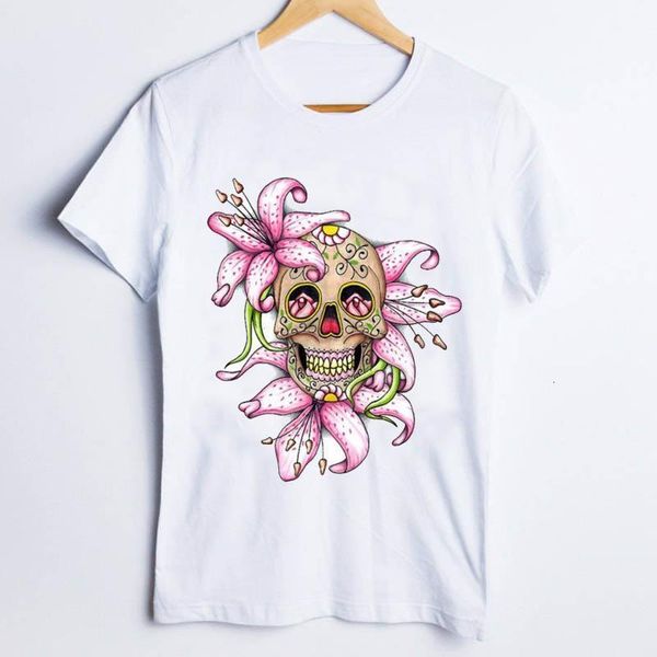 

tees for women print skull flower scary fashion cartoon 90s ladies clothes lady clothing female t shirt womens t-shirt, White