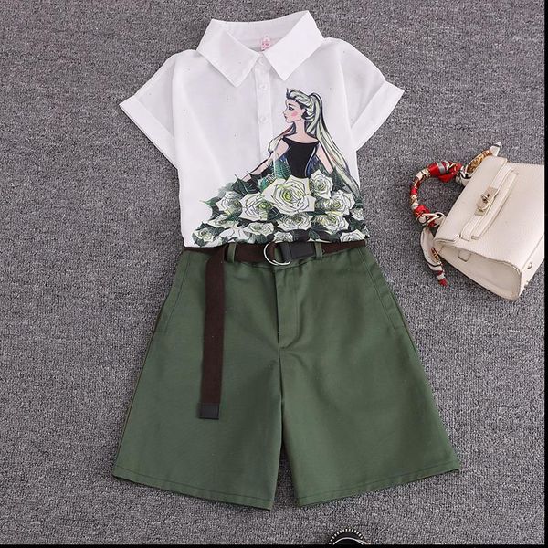 

summer 2 pieces suits girl print chiffon blouse shirt women shorts set women two piece set tracksuit with belt, Gray