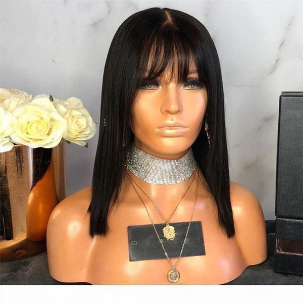 

short bob with bangs virgin hair wig straight natural black cut human hair full lace wig front lace wigs, Black;brown