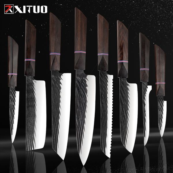 

xituo 8 sets kitchen knives handmade forged japanese sharp chef knife 440c stee ceaver kiritsuke santoku utiity paring knife