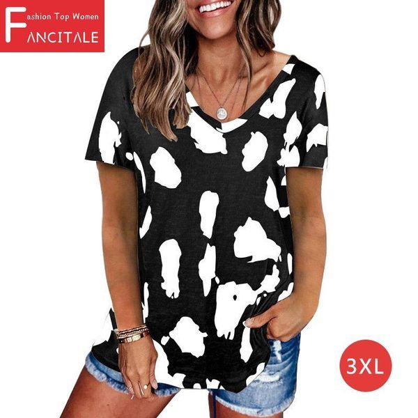 

women's t-shirt 2021 leopard print women v-neck short-sleeve homestyle casual teens loose ladies clothes, White