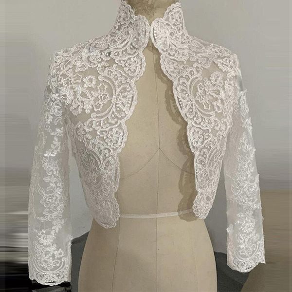 

wraps & jackets lace long sleeve high neck jacket flower edge ivory bolero bride appliqued for woman temperament wedding prom boleros, White
