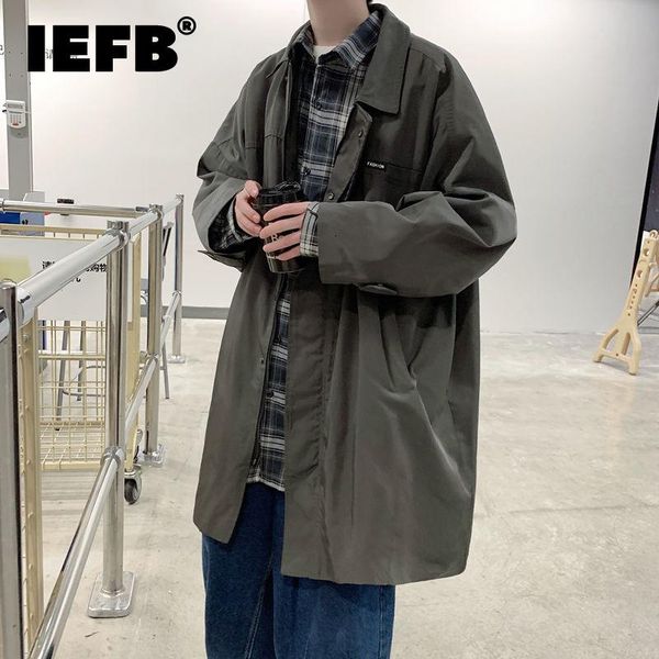 

men's trench coats iefb 2021 autumn mid long loose teenager lapel windbreaker zipper solid color cool thin handsome youth clothes, Tan;black
