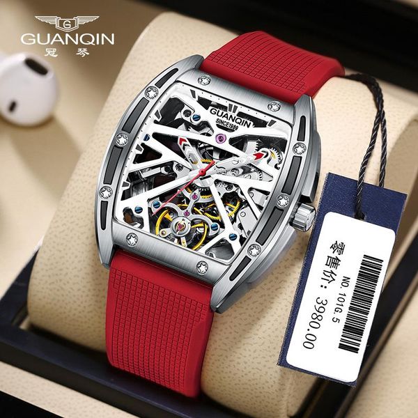 

wristwatches 2021 guanqin design tourbillon men's mechanical wristwatch skeleton luxury automatic watch for men sapphire crystal clock, Slivery;brown