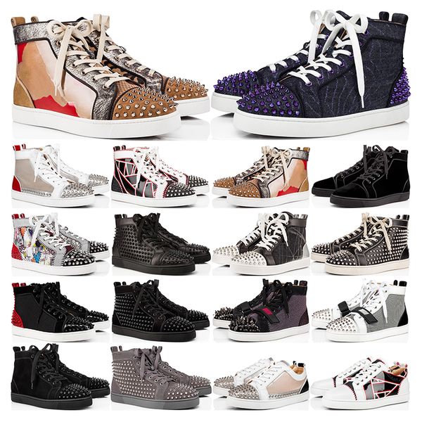 

new luxurys designers mens shoes red bottoms studded spikes fashion suede leather black silver women flat sneaker party lovers