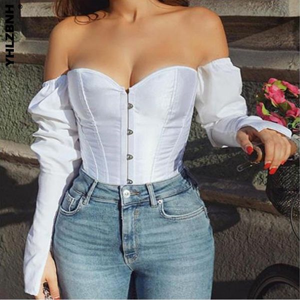 

yhlzbnh women off shoulder shirt blouse lady girls back bandage slim bustier female leotard corset ladies' solid wear, White