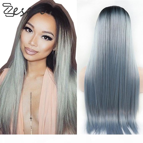 

zesen long silky staight hair high density synthetic lace front wig ombre gray natural hair women party cosplay wig, Black