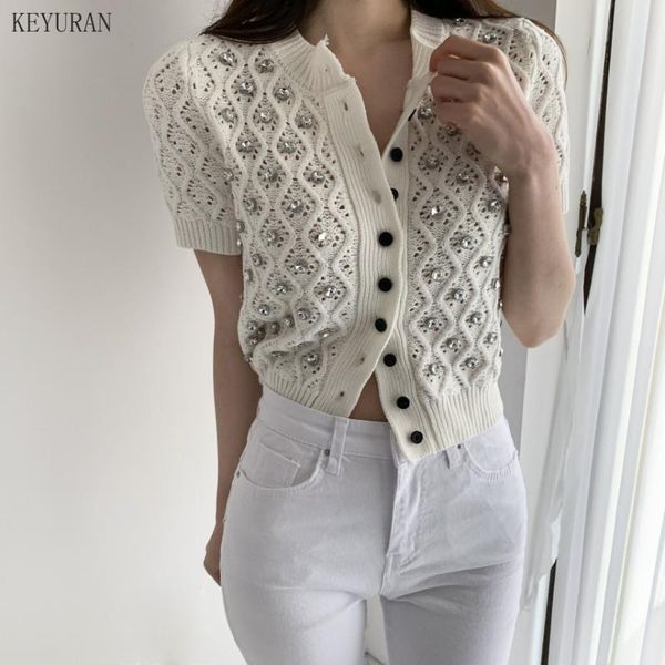 

women's knits & tees knitted cardigan sweater 2021 spring summer fashion solid short sleeve diamond ladies knitwear, White