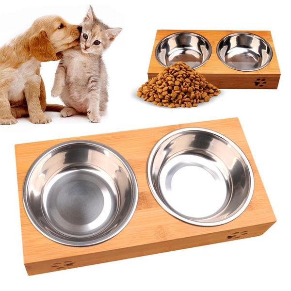 

cat bowls & feeders drinking feeding dual-use feeder stainless steel elevated dog bamboo raised pet bowl anti-leak supplies