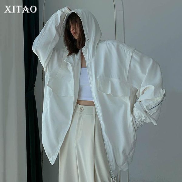 

women's jackets xitao white hooded jacket women loose fashion simple all match batwing sleeve zipper 2021 autumn blue clothes zp2062, Black;brown