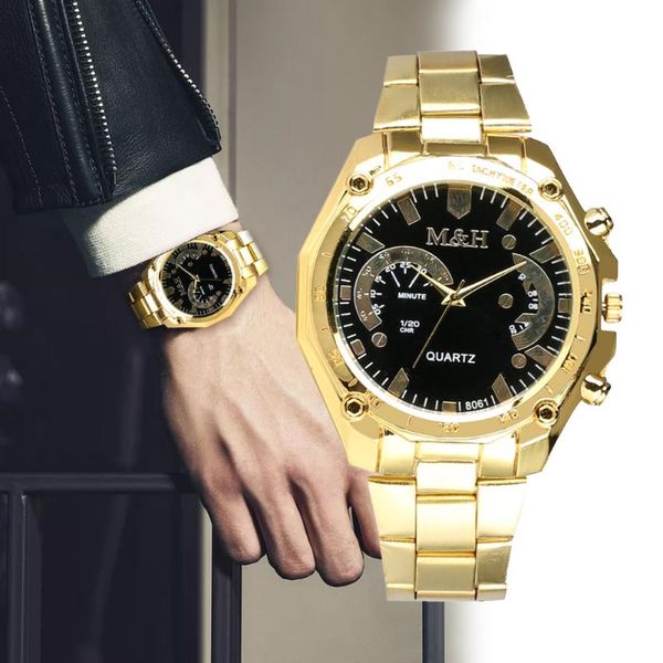 

wristwatches men quartz watch full stainless steel strap gold casual black dial male watches relogio masculino, Slivery;brown