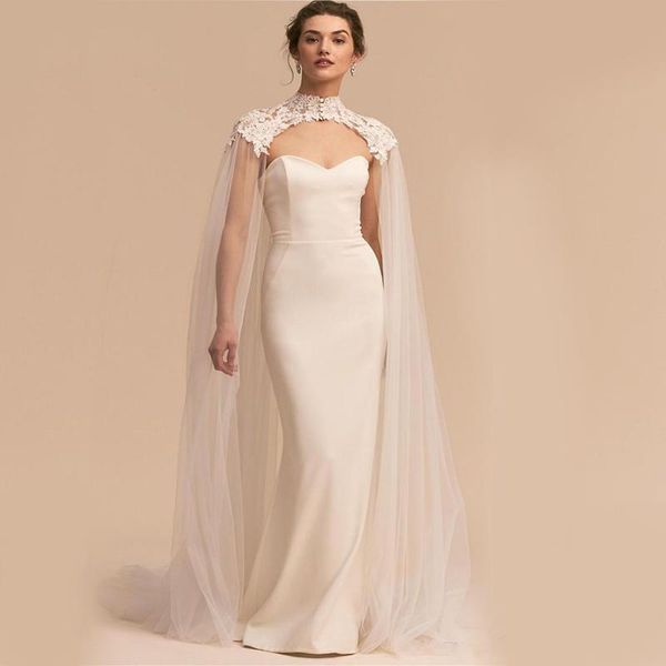 

wraps & jackets bridal wedding shawl applique high collar transparent mesh cloak train church jacket stage pageant dress accessories, White