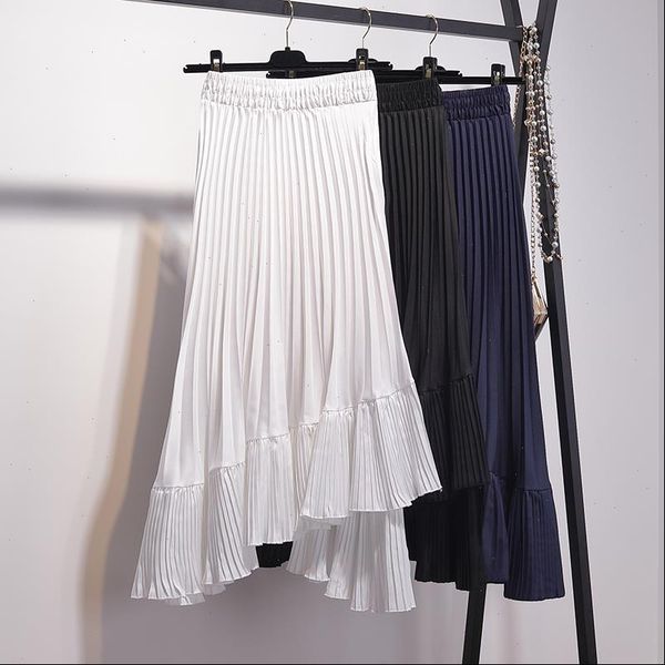 

midi pleated skirt women high street fashion irregular skirts womens elastic high waist a line asymmetrical skirt high quality, Black