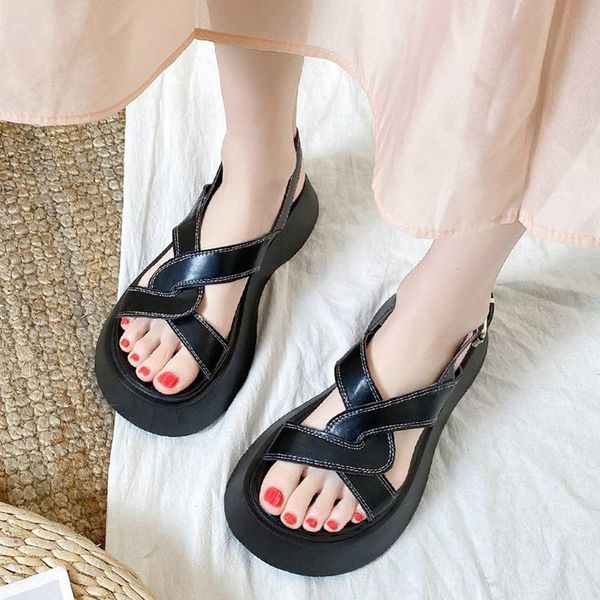 

sandals women's cross strap buckle platform soft pu leather wedges heels shoes women thick bottom beach sandalias mujer, Black