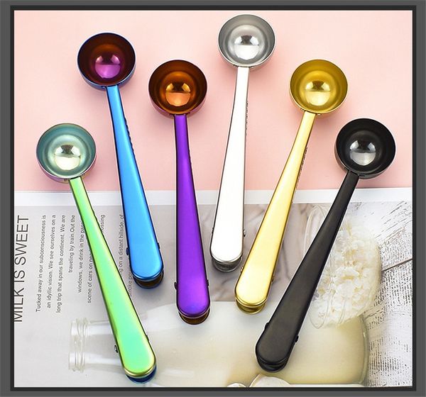 

new style stainless steel coffee measuring spoon with bag seal clip multifunction jelly ice cream fruit scoop spoon kitchen tools t9i001133
