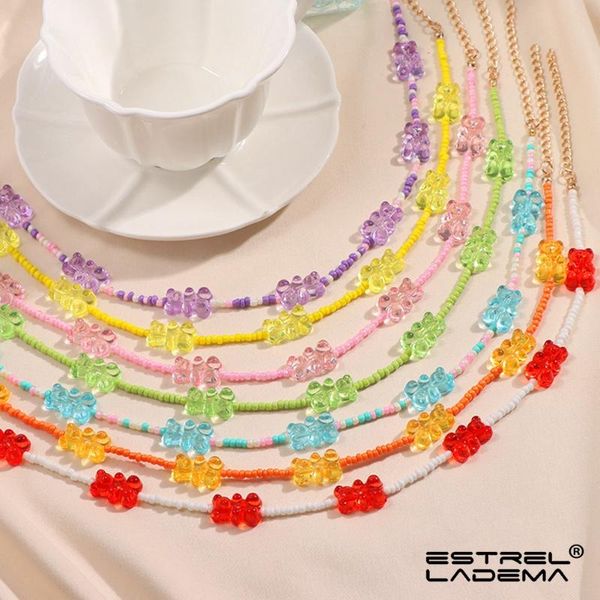 

chains korean cute colorful transparent gummy bears beaded necklace for women girls simple bear seed beads strand necklaces y2k jewelry, Silver