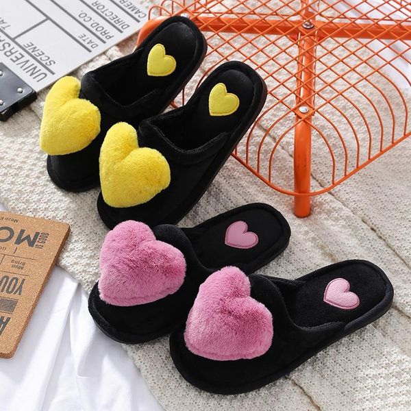 

2021 fashion women cotton slippers ladies winter cute love heart plush flat with indoor non-slip woman warm slippers, Black