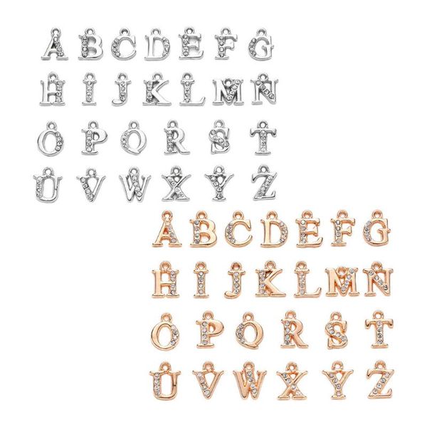 

charms 26pcs a-z letters alloy crystal pendants alphabet initial beads for diy necklace car bag decorations gift craft supplies, Bronze;silver