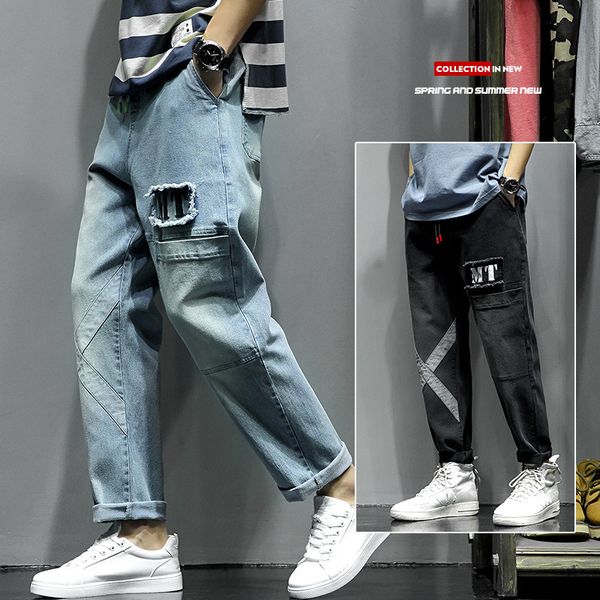 

summer fashion casual young men straight lay jeans full length brook, Blue