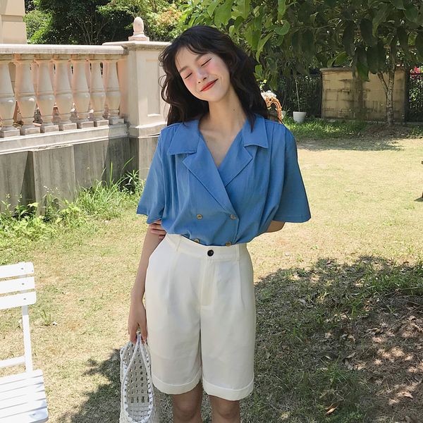 

2021 new summer tshirt for women short sleeve blouses t-shirt and set suit v-neck t shirt female blue five points shorts 77m6, White
